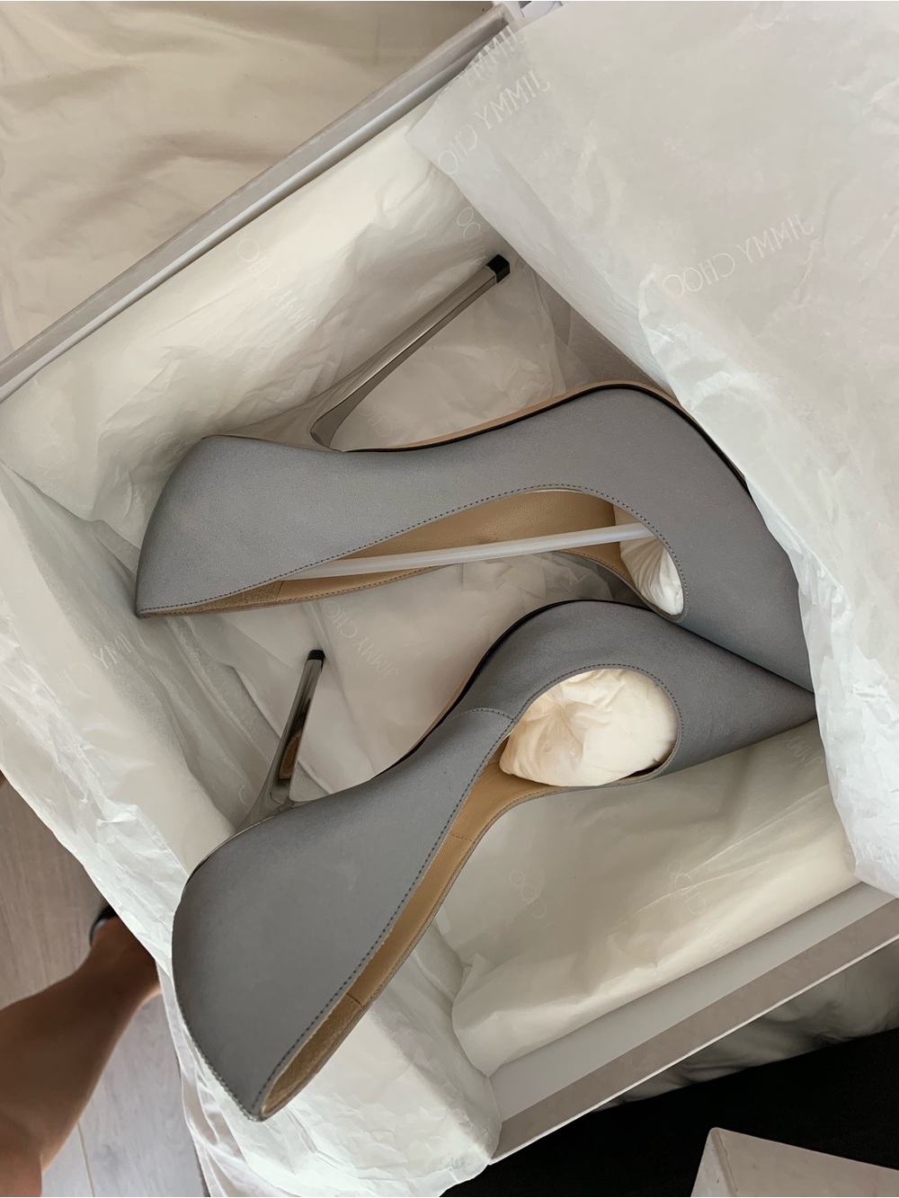 Jimmy Choo Silver-Gray Satin Stiletto Pumps